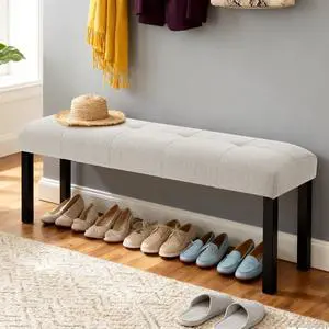 Modern Tufted Linen Dining Bench, Farmhouse Upholstered Entryway Bench with Black Rubber Wood Legs, Versatile for Kitchen, Bedroom, Hallway, Beige Modern Tufted Linen Dining Bench, Farmhouse Upholstered Entryway Bench with Black Rubber Wood Legs, Versatile for Kitchen, Bedroom, Hallway, Beige