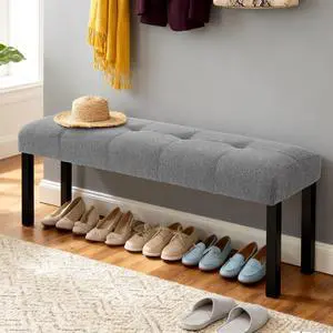 Modern Tufted Linen Dining Bench, Farmhouse Upholstered Entryway Bench With Black Rubber Wood Legs, Versatile For Kitchen, Bedroom, Hallway, Gray Modern Tufted Linen Dining Bench, Farmhouse Upholstered Entryway Bench With Black Rubber Wood Legs, Versatile For Kitchen, Bedroom, Hallway, Gray