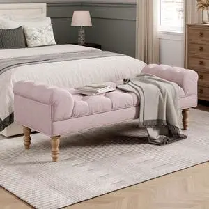 Button-Tufted End of Bed Bench,Large Upholstered Ottoman,Foot Rest with Legs,Footstool with Rolled Arms,Upholstered Fabric Bench,Indoor Bench for Bedroom,Living Room,Entryway,Pink Button-Tufted End of Bed Bench,Large Upholstered Ottoman,Foot Rest with Legs,Footstool with Rolled Arms,Upholstered Fabric Bench,Indoor Bench for Bedroom,Living Room,Entryway,Pink