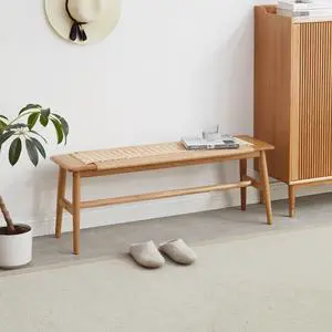 (1.2M) Woven Design Natural Oak Wood Dining Bench Bed Bench for Dining Room, Bedroom, Bathroom (1.2M) Woven Design Natural Oak Wood Dining Bench Bed Bench for Dining Room, Bedroom, Bathroom
