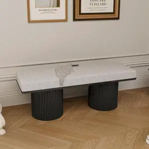 Upholstered Bench with Black Chunky Legs Light Grey Boucle Fabric Contemporary Style Bed-end Bench for Bedroom Living Room Upholstered Bench with Black Chunky Legs Light Grey Boucle Fabric Contemporary Style Bed-end Bench for Bedroom Living Room