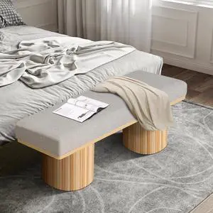 Upholstered Bench with Chunky Legs Light Grey Boucle Fabric Contemporary Style Bed-end Bench for Bedroom Living Room, Natural Wood Upholstered Bench with Chunky Legs Light Grey Boucle Fabric Contemporary Style Bed-end Bench for Bedroom Living Room, Natural Wood