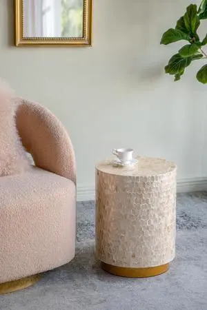 14x14x18" Cylindrical Accent Stool with Gold and Black Capiz Shell Finish and Pedestal Base 14x14x18" Cylindrical Accent Stool with Gold and Black Capiz Shell Finish and Pedestal Base