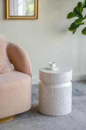 14x14x18" Round Wooden Accent Stool with White Capiz Finish 14x14x18" Round Wooden Accent Stool with White Capiz Finish