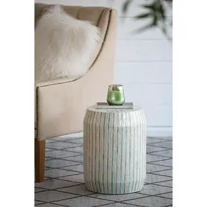 14x14x18" Cream and Green Cylinder Accent Stool with Striped Pattern 14x14x18" Cream and Green Cylinder Accent Stool with Striped Pattern