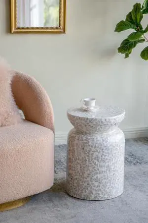 14x14x20" Round Bamboo Accent Table with White Capiz Shell Design 14x14x20" Round Bamboo Accent Table with White Capiz Shell Design
