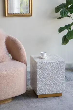 14x14x18" Square Accent Stool with White Capiz Shell Finish and Gold Pedestal Base 14x14x18" Square Accent Stool with White Capiz Shell Finish and Gold Pedestal Base