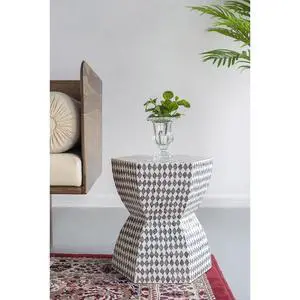 15x13x17" Hexagonal Garden Capiz Stool, Accent Side Table, Black/White 15x13x17" Hexagonal Garden Capiz Stool, Accent Side Table, Black/White