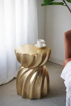 14x14x18.7" Gold Magnesium Accent Stool with Sculptural Swirl Design, Contemporary Side Table, Decorative Display Stand, or Extra Seating Option 14x14x18.7" Gold Magnesium Accent Stool with Sculptural Swirl Design, Contemporary Side Table, Decorative Display Stand, or Extra Seating Option