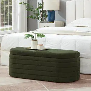 Modern Oval Storage Ottoman Bench, Upholstered Boucle Teddy Fabric End of Bed Bench with Storage, End of Bed Stool with Safety Hinge for Bedroom, Living Room, Entryway, Dark Green Modern Oval Storage Ottoman Bench, Upholstered Boucle Teddy Fabric End of Bed Bench with Storage, End of Bed Stool with Safety Hinge for Bedroom, Living Room, Entryway, Dark Green