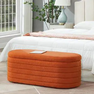 Modern Oval Storage Ottoman Bench, Upholstered Boucle Teddy Fabric End of Bed Bench with Storage, End of Bed Stool with Safety Hinge for Bedroom, Living Room, Entryway, Orange Modern Oval Storage Ottoman Bench, Upholstered Boucle Teddy Fabric End of Bed Bench with Storage, End of Bed Stool with Safety Hinge for Bedroom, Living Room, Entryway, Orange