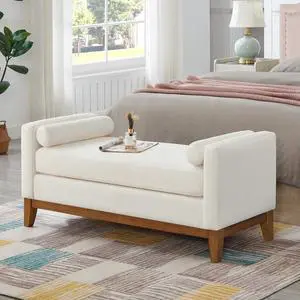 Large Upholstered Boucle Fabric Ottoman with Pillows,Comfort Padded Window Bench for Living Room,Entryway Bench-Ivory Large Upholstered Boucle Fabric Ottoman with Pillows,Comfort Padded Window Bench for Living Room,Entryway Bench-Ivory
