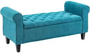 HOMCOM 50" Storage Ottoman Bench, Upholstered End of Bed Bench with Rolled Arms, Wood Legs, Button Tufted Storage Bench with Safety Hinges for Living Room, Entryway, Bedroom, Teal HOMCOM 50" Storage Ottoman Bench, Upholstered End of Bed Bench with Rolled Arms, Wood Legs, Button Tufted Storage Bench with Safety Hinges for Living Room, Entryway, Bedroom, Teal