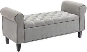 HOMCOM 50" Storage Ottoman Bench, Upholstered End of Bed Bench with Rolled Arms, Wood Legs, Button Tufted Storage Bench with Safety Hinges for Living Room, Entryway, Bedroom, Gray HOMCOM 50" Storage Ottoman Bench, Upholstered End of Bed Bench with Rolled Arms, Wood Legs, Button Tufted Storage Bench with Safety Hinges for Living Room, Entryway, Bedroom, Gray