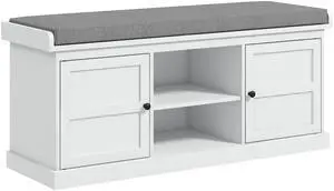 HOMCOM Shoe Bench with Cushion, Storage Bench for Entryway with Padded Seat, 2 Cabinets and Adjustable Shelf for Hallway, Living Room, Bedroom, White HOMCOM Shoe Bench with Cushion, Storage Bench for Entryway with Padded Seat, 2 Cabinets and Adjustable Shelf for Hallway, Living Room, Bedroom, White