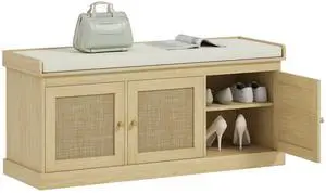 HOMCOM Shoe Storage Bench with Woven Rattan, Shoe Bench with Cushion, Adjustable Shelves, Entryway Bench for Bedroom, Living Room, Oak Tone HOMCOM Shoe Storage Bench with Woven Rattan, Shoe Bench with Cushion, Adjustable Shelves, Entryway Bench for Bedroom, Living Room, Oak Tone