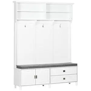 Hall Tree with Storage Bench, Entryway Bench with Coat Rack, Accent Coat Tree with Storage Shelves, Cabinet and Drawers for Hallway, Mudroom, White Hall Tree with Storage Bench, Entryway Bench with Coat Rack, Accent Coat Tree with Storage Shelves, Cabinet and Drawers for Hallway, Mudroom, White
