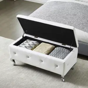 Upholstered Storage Ottoman Bench For Bedroom End Of Bed Faux Leather Rectangular Storage Benches Footrest With Crystal Buttons For Living Room Entryway (White) Upholstered Storage Ottoman Bench For Bedroom End Of Bed Faux Leather Rectangular Storage Benches Footrest With Crystal Buttons For Living Room Entryway (White)