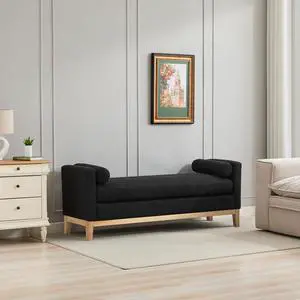66.34"W Elegant Upholstered Bench,Daybed, Ottoman with Nature Wood Legs & 2 Bolster Pillows for End of Bed, Bedroom, Living Room, Entryway,Black Boucle 66.34"W Elegant Upholstered Bench,Daybed, Ottoman with Nature Wood Legs & 2 Bolster Pillows for End of Bed, Bedroom, Living Room, Entryway,Black Boucle