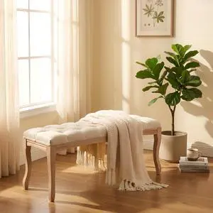 Bedroom Bench, French Vintage Tufted Entryway Bench, 43.3" Carving Upholstered End of Bed Bench with Distressed Wood Legs, Linen Ottoman Seat for Living Room, Foyer, Dining Room Bedroom Bench, French Vintage Tufted Entryway Bench, 43.3" Carving Upholstered End of Bed Bench with Distressed Wood Legs, Linen Ottoman Seat for Living Room, Foyer, Dining Room
