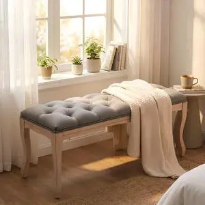 Bedroom Bench, French Vintage Tufted Entryway Bench, 43.3" Carving Upholstered End of Bed Bench with Distressed Wood Legs, Linen Ottoman Seat for Living Room, Foyer, Dining Room Bedroom Bench, French Vintage Tufted Entryway Bench, 43.3" Carving Upholstered End of Bed Bench with Distressed Wood Legs, Linen Ottoman Seat for Living Room, Foyer, Dining Room