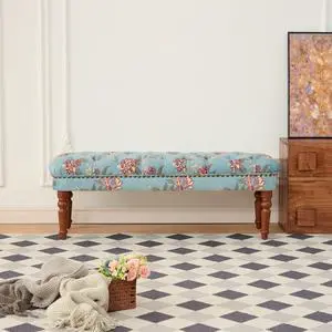 European Style Tufted Floral Bench with Turned Wood Legs,American Upholstered Ottoman for Bedroom & Primary Living Space European Style Tufted Floral Bench with Turned Wood Legs,American Upholstered Ottoman for Bedroom & Primary Living Space