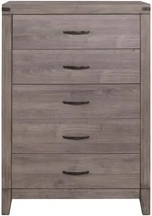Brownish Gray Finish 1pc Bedroom Chest of 5 Drawers Melamine Laminate Dark Metal Hardware Corner Rivets Brownish Gray Finish 1pc Bedroom Chest of 5 Drawers Melamine Laminate Dark Metal Hardware Corner Rivets
