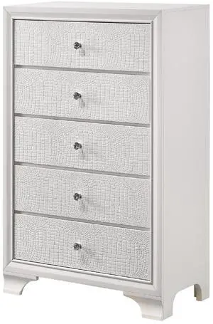 1pc Modern Glam Style White Frost Finish Glam Five Drawer Chest Embossed Crocodile Pattern Wooden Bedroom Furniture 1pc Modern Glam Style White Frost Finish Glam Five Drawer Chest Embossed Crocodile Pattern Wooden Bedroom Furniture