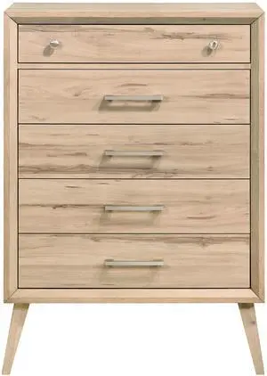 Mid-Century Modern Design Natural Oak Finish Chest Of 5 Drawers Nickel Tone Classic Style Bedroom Furniture 1Pc Mid-Century Modern Design Natural Oak Finish Chest Of 5 Drawers Nickel Tone Classic Style Bedroom Furniture 1Pc