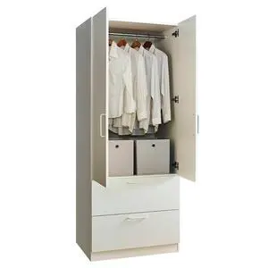 Emma Two-Door Wood Closet with Two Drawers and Hanging Bars in White Emma Two-Door Wood Closet with Two Drawers and Hanging Bars in White