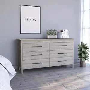 Hms 6 Drawer Double Dresser, Four Legs, Superior Top, Six Drawers -Light Gray Hms 6 Drawer Double Dresser, Four Legs, Superior Top, Six Drawers -Light Gray