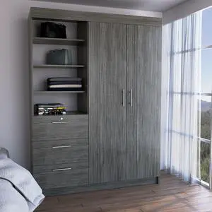 Kenya Armoire with Double Door, Three Drawers, 3-Tier Shelf and double hanging Rod Smokey Oak Kenya Armoire with Double Door, Three Drawers, 3-Tier Shelf and double hanging Rod Smokey Oak