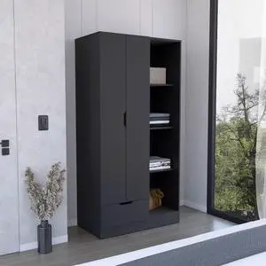 Memphis Wardrobe Armoire with 4-Tier Storage Shelves and 1 Drawer Black Memphis Wardrobe Armoire with 4-Tier Storage Shelves and 1 Drawer Black