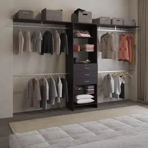Plego 69"W - 118"W Drawers Closet System, Five Shelves, Four Hanging Rods, Three Drawers Black Wengue Plego 69"W - 118"W Drawers Closet System, Five Shelves, Four Hanging Rods, Three Drawers Black Wengue