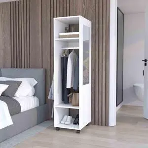 Cluster 63" Tall Wardrove with Mirror, Three Shelves, Casters and Hanging Rod, Armoire, Bedroom Clothes Storage, Cabinet Organizer White Cluster 63" Tall Wardrove with Mirror, Three Shelves, Casters and Hanging Rod, Armoire, Bedroom Clothes Storage, Cabinet Organizer White