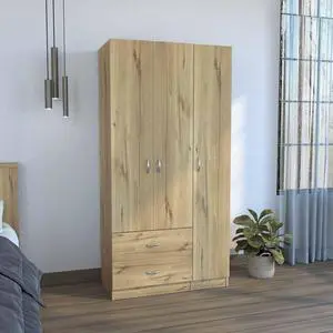 Austral 3 Door Armoire with Drawers, Shelves, and Hanging Rod -Light Oak / Black Austral 3 Door Armoire with Drawers, Shelves, and Hanging Rod -Light Oak / Black