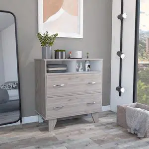 Portanova Two Drawer Dresser, Two Open Shelves, Superior Top, Four Legs -Light Gray / White Portanova Two Drawer Dresser, Two Open Shelves, Superior Top, Four Legs -Light Gray / White