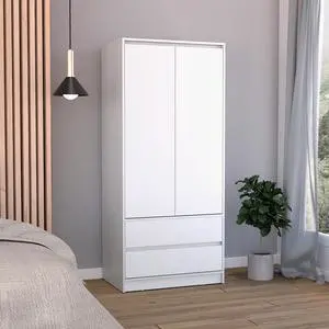 Austin 2 Drawers Armoire, Double Door, Hanging Rod -White Austin 2 Drawers Armoire, Double Door, Hanging Rod -White