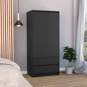 Austin 2 Drawers Armoire, Double Door, Hanging Rod -Black Austin 2 Drawers Armoire, Double Door, Hanging Rod -Black