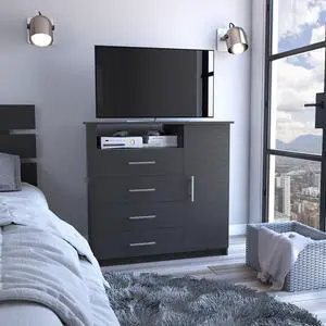 Peru 4 Drawer Dresser, Single Door Cabinet, One Open Shelf, Superior Top -Black Peru 4 Drawer Dresser, Single Door Cabinet, One Open Shelf, Superior Top -Black