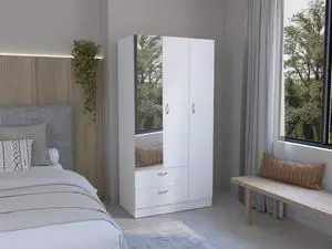 Riverside 3 Door Mirrored Armoire with Two Drawers, Four Shelves, and Hanging Rod White Riverside 3 Door Mirrored Armoire with Two Drawers, Four Shelves, and Hanging Rod White