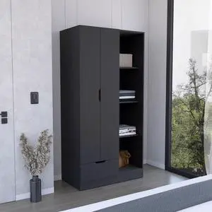 Memphis Wardrobe Armoire with 4-Tier Storage Shelves and 1 Drawer Black Memphis Wardrobe Armoire with 4-Tier Storage Shelves and 1 Drawer Black