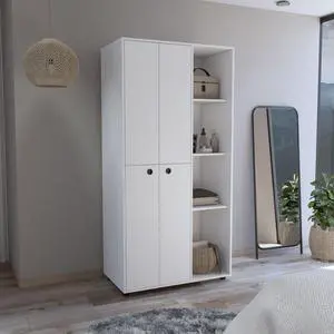 Misuri Wardrobe Armoire with Double Door, Drawer, Hanging Rod, and Open Shelves White Misuri Wardrobe Armoire with Double Door, Drawer, Hanging Rod, and Open Shelves White