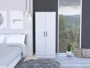 Ambery 180 Armoire, Two Shelves, Double Door, Metal Rod, One Drawer -White Ambery 180 Armoire, Two Shelves, Double Door, Metal Rod, One Drawer -White