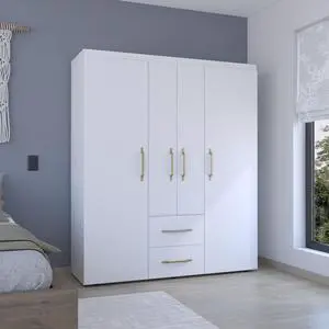 Bariloche Wardrobe, Multi-Section Storage with Hanging Rods, Shelves, and 2 Drawers White Bariloche Wardrobe, Multi-Section Storage with Hanging Rods, Shelves, and 2 Drawers White