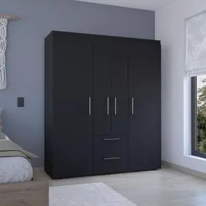 Bariloche Wardrobe, Multi-Section Storage with Hanging Rods, Shelves, and 2 Drawers Black Bariloche Wardrobe, Multi-Section Storage with Hanging Rods, Shelves, and 2 Drawers Black