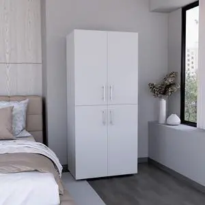 Hazel 70" High Four-Door Armoire Wardrove Closet Cabinet, Six Shelves and Two Hanging Rods, Bedroom Clothes Storage Cabinet Organizer White Hazel 70" High Four-Door Armoire Wardrove Closet Cabinet, Six Shelves and Two Hanging Rods, Bedroom Clothes Storage Cabinet Organizer White