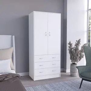 Taly Armoire with Double Doors, 3 Drawers, and Hanging Rod White Taly Armoire with Double Doors, 3 Drawers, and Hanging Rod White