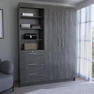 Kenya 3 Drawers Armoire, Double Door, 3-Tier Shelf Smokey Oak Kenya 3 Drawers Armoire, Double Door, 3-Tier Shelf Smokey Oak