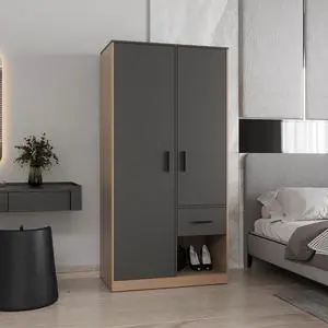 Alder 2-Door One Drawer Amoire with 2 Cabinets, Two Hanging rods and Four Shelves in Matt Gray and Natural Oak Alder 2-Door One Drawer Amoire with 2 Cabinets, Two Hanging rods and Four Shelves in Matt Gray and Natural Oak